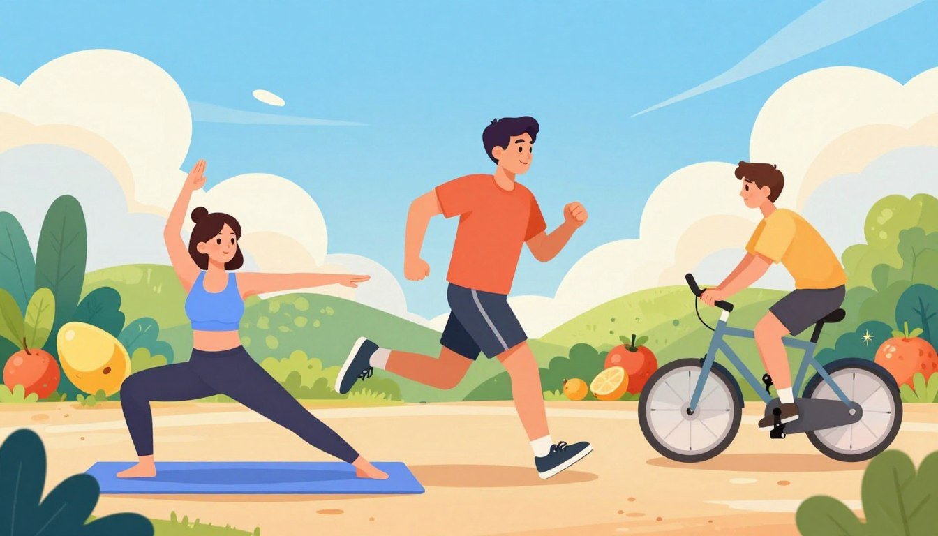 A vibrant and dynamic scene illustrating the concept of "activating metabolism." In the foreground, depict a diverse group of three individuals engaging in various forms of exercise: a woman performing yoga in a serene pose, a man jogging energetically, and another person cycling, all wearing bright, comfortable activewear. In the middle ground, lush greenery and colorful fruits symbolize nutrition, with sunlit vegetables adding vibrancy to the environment. In the background, a clear blue sky with soft, fluffy clouds enhances the scene, suggesting freshness and vitality. The overall lighting is warm and inviting, evoking a sense of energy and motivation. The mood is uplifting and encourages a healthy, active lifestyle, perfect for illustrating the essence of boosting metabolism naturally.