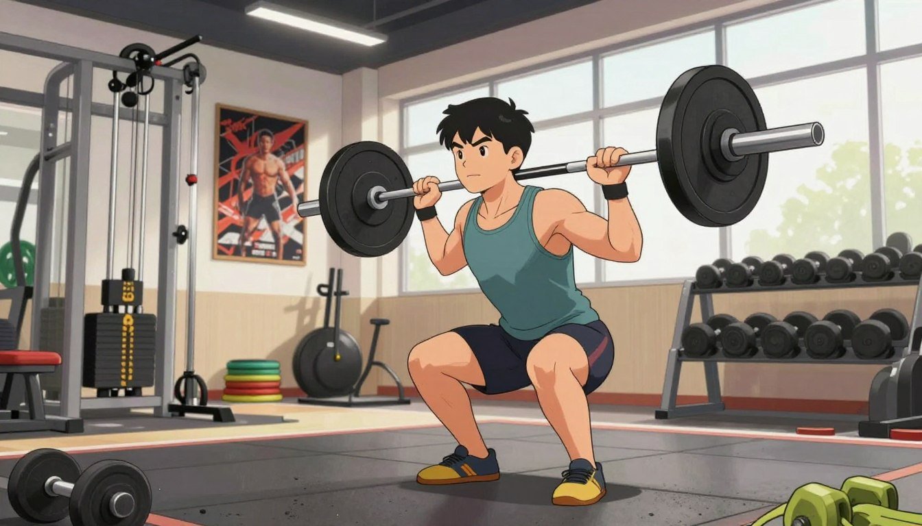 A dynamic scene depicting a person engaged in a vigorous workout, showcasing strength training in a well-lit gym environment. In the foreground, a fit individual wearing modest athletic wear is performing a barbell squat, demonstrating focus and determination. In the middle, various gym equipment like dumbbells and resistance bands are neatly organized, emphasizing an active lifestyle. The background features motivational posters and large windows allowing natural light to flood the space, creating an uplifting atmosphere. The overall mood is energetic and inspiring, capturing the essence of boosting metabolism through movement and strength training. The composition should be photographed from a slightly low angle to enhance the subject's prominence and the feeling of empowerment.